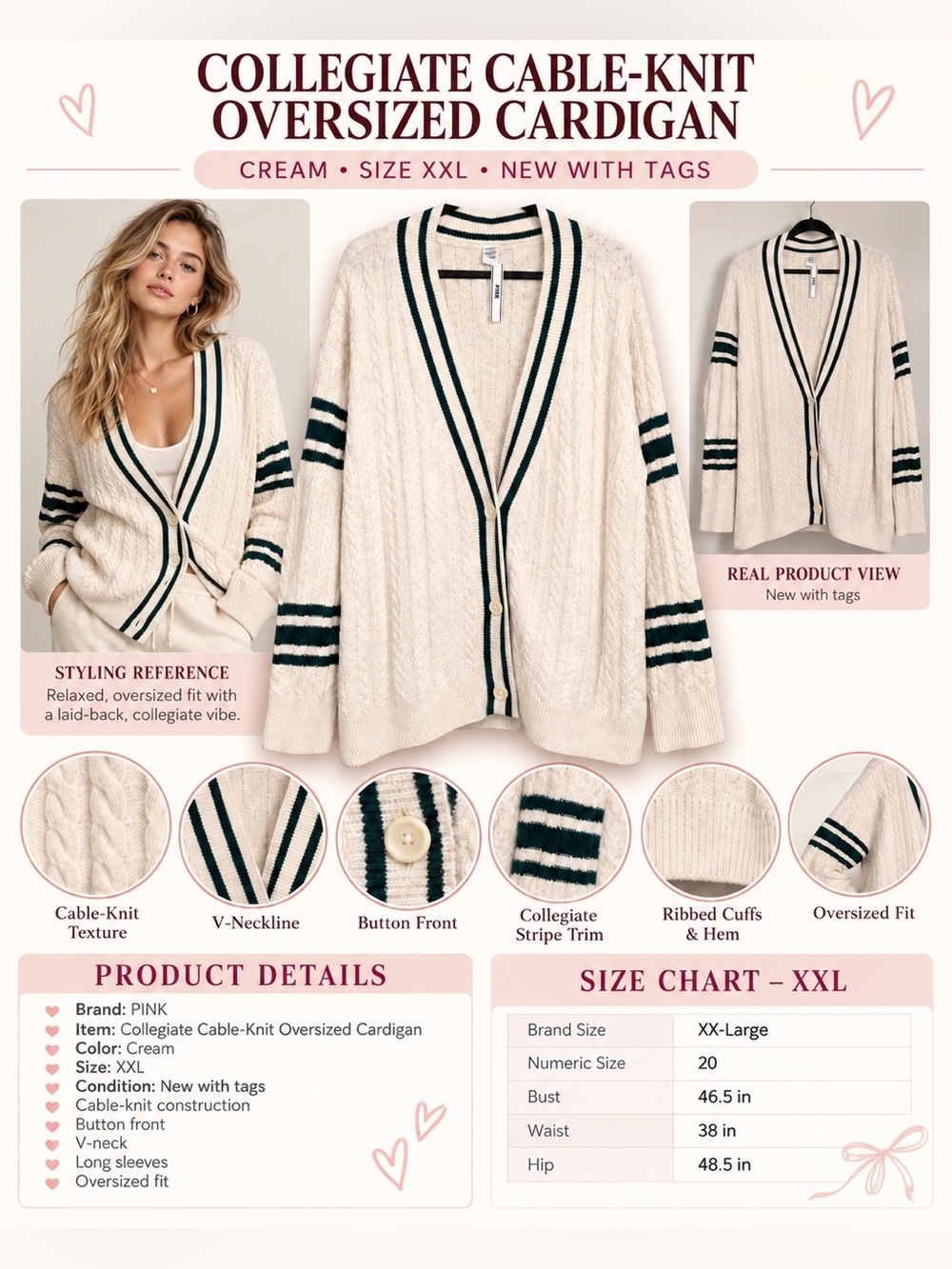 PINK COLLEGIATE CABLE-KNIT CARDIGAN – CREAM SIZE XXL (NEW WITH TAGS) A23